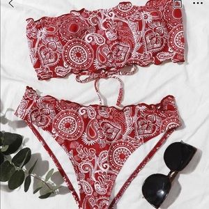 Tribal lettuce trim bandeau bikini swimsuit